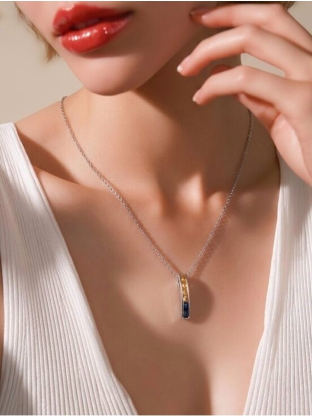 925 Sterling Silver Necklace 17" With Natural Blue & Yellow Sapphire Gems